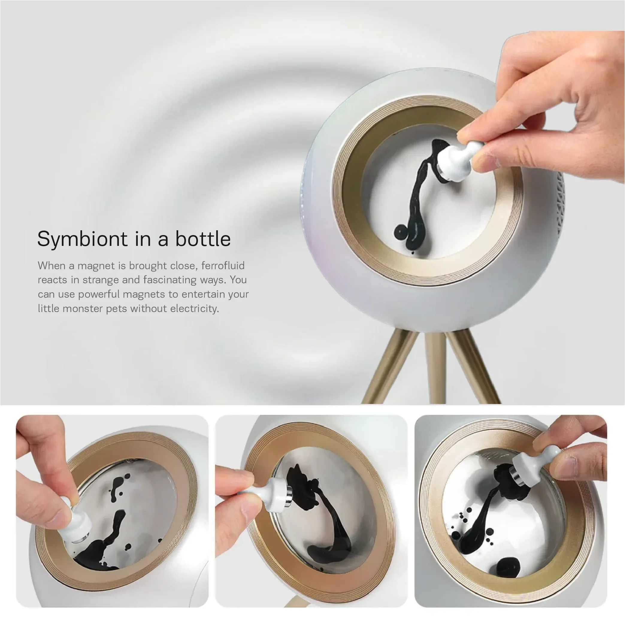 Glowbe ferrofluid display reacting to a magnetic wand with interactive magnetic fluid effects